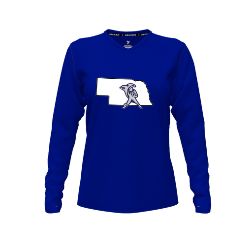 [FTLVPTRY-FYXS-LOGO2] Decker Performance T-Shirt (Female Youth XS, Royal, V Neck, Logo 2, Long Sleeve)