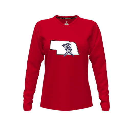[FTLVPTRD-FYXS-LOGO2] Decker Performance T-Shirt (Female Youth XS, Red, V Neck, Logo 2, Long Sleeve)